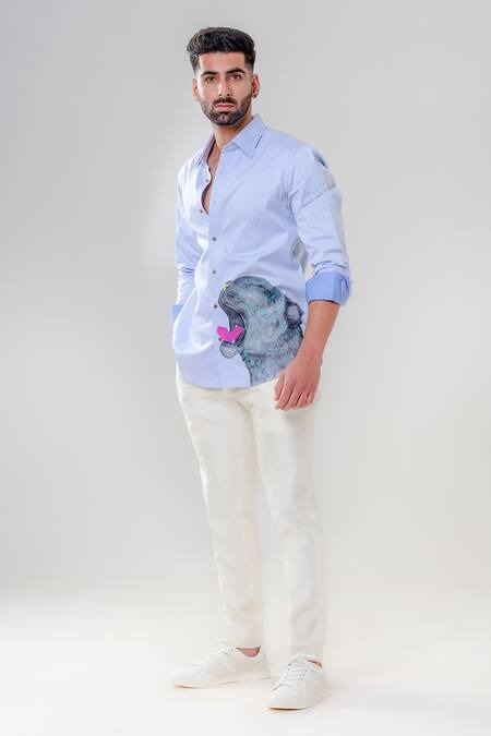 Buy_Amrit Dawani_Blue Cotton Embroidery Animal Motif Hand Painted Shirt 