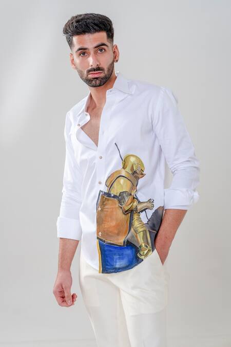 Amrit Dawani_White Cotton Warrior Motif Hand Painted Shirt _Online_at_Aza_Fashions