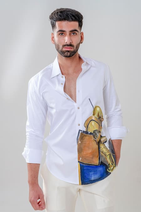 Buy_Amrit Dawani_White Cotton Warrior Motif Hand Painted Shirt _Online_at_Aza_Fashions