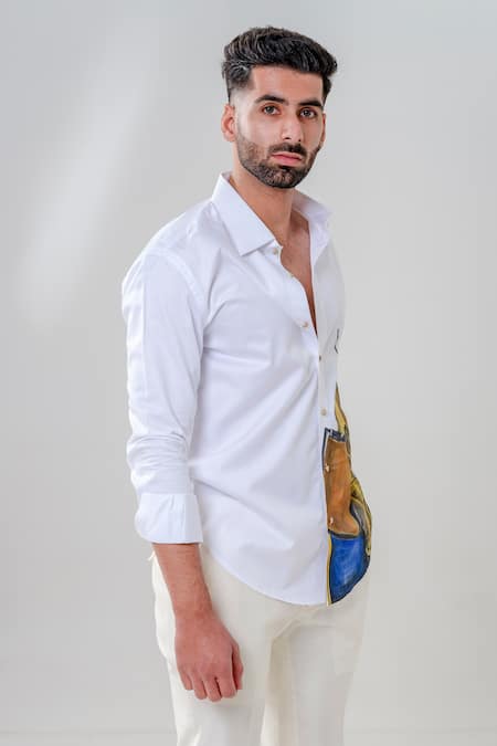 Shop_Amrit Dawani_White Cotton Warrior Motif Hand Painted Shirt _Online_at_Aza_Fashions