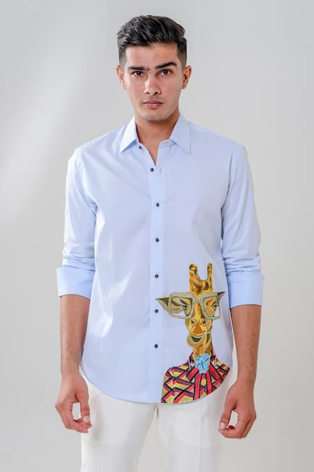 Amrit Dawani_Blue Lace Giraffe Motif Hand Painted Shirt _Online_at_Aza_Fashions