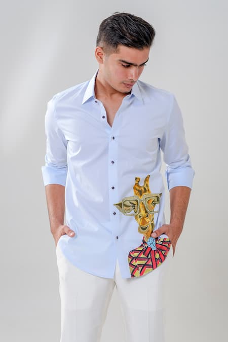 Buy_Amrit Dawani_Blue Lace Giraffe Motif Hand Painted Shirt _Online_at_Aza_Fashions