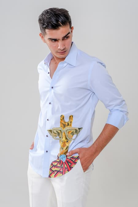 Shop_Amrit Dawani_Blue Lace Giraffe Motif Hand Painted Shirt _Online_at_Aza_Fashions
