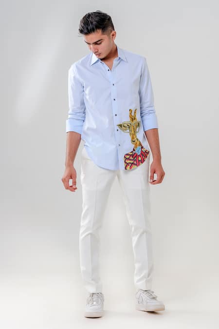 Amrit Dawani_Blue Lace Giraffe Motif Hand Painted Shirt _at_Aza_Fashions