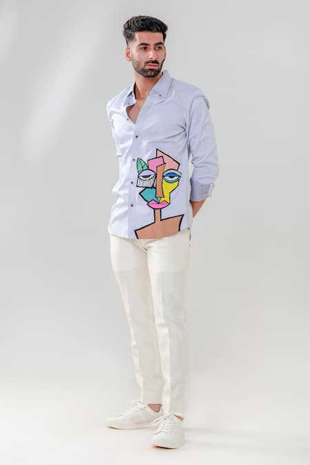 Amrit Dawani_Blue Cotton Abstract Motif Hand Painted Shirt _Online_at_Aza_Fashions