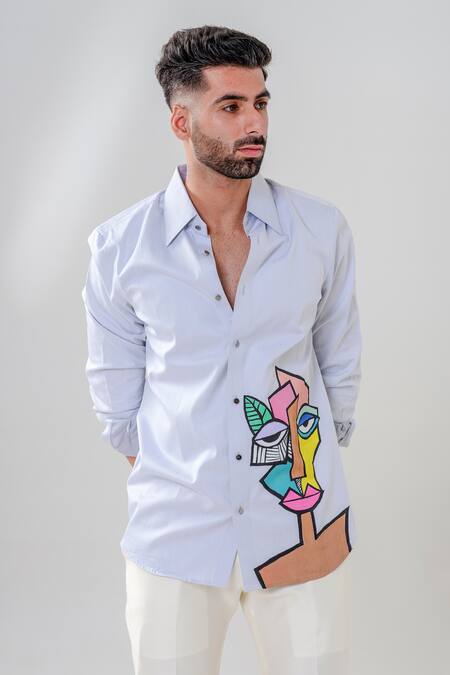 Buy_Amrit Dawani_Blue Cotton Abstract Motif Hand Painted Shirt _Online_at_Aza_Fashions