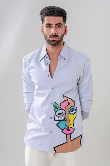 Shop_Amrit Dawani_Blue Cotton Abstract Motif Hand Painted Shirt _Online_at_Aza_Fashions