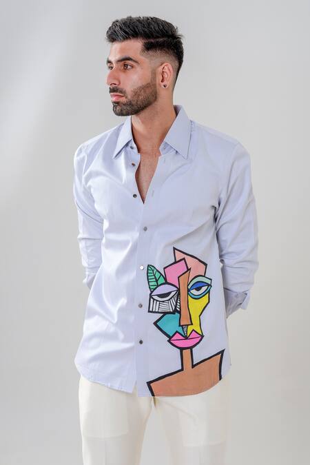 Amrit Dawani_Blue Cotton Abstract Motif Hand Painted Shirt _at_Aza_Fashions