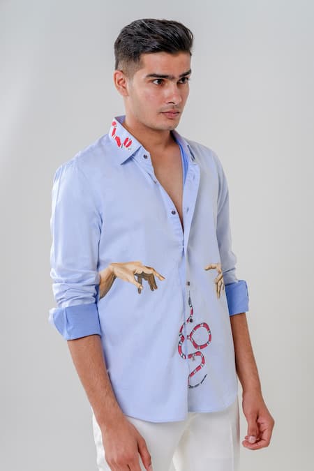 Amrit Dawani_Blue Cotton Embroidery Motif Painted Shirt _Online_at_Aza_Fashions