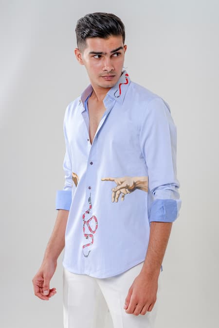 Buy_Amrit Dawani_Blue Cotton Embroidery Motif Painted Shirt _Online_at_Aza_Fashions