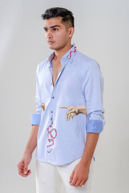 Shop_Amrit Dawani_Blue Cotton Embroidery Motif Painted Shirt _Online_at_Aza_Fashions