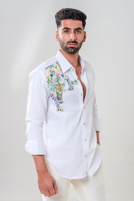 Amrit Dawani_White Cotton Leapard Motif Hand Painted Shirt _Online_at_Aza_Fashions