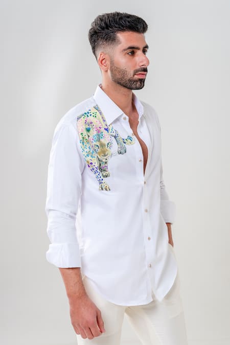 Buy_Amrit Dawani_White Cotton Leapard Motif Hand Painted Shirt _Online_at_Aza_Fashions