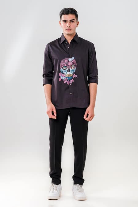 Amrit Dawani_Black Cotton Embroidery Skull Motif Hand Painted Shirt _Online_at_Aza_Fashions