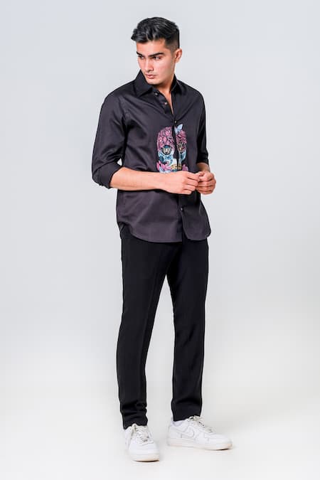 Buy_Amrit Dawani_Black Cotton Embroidery Skull Motif Hand Painted Shirt _Online_at_Aza_Fashions