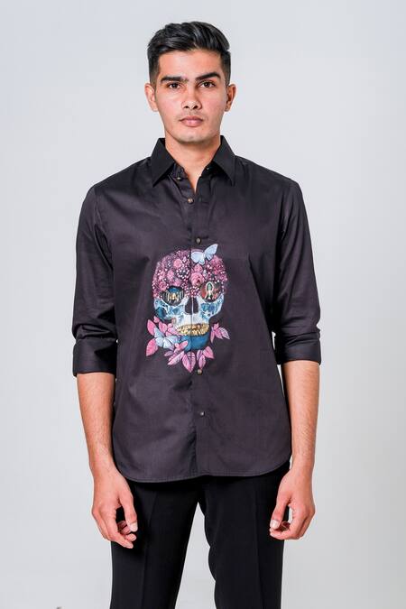 Shop_Amrit Dawani_Black Cotton Embroidery Skull Motif Hand Painted Shirt _Online_at_Aza_Fashions