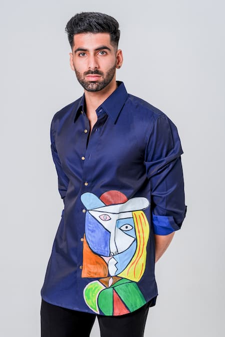 Buy_Amrit Dawani_Blue Lace Abstract Motif Hand Painted Shirt _Online_at_Aza_Fashions