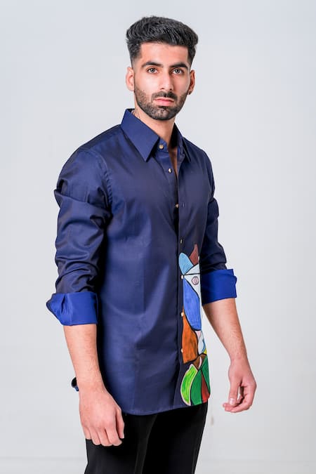 Shop_Amrit Dawani_Blue Lace Abstract Motif Hand Painted Shirt _Online_at_Aza_Fashions