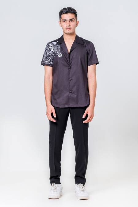 Amrit Dawani_Black Cotton Embroidery Zebra Motif Shirt _Online_at_Aza_Fashions