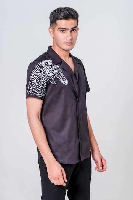 Shop_Amrit Dawani_Black Cotton Embroidery Zebra Motif Shirt _Online_at_Aza_Fashions