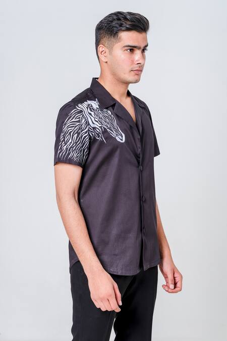 Amrit Dawani_Black Cotton Embroidery Zebra Motif Shirt _at_Aza_Fashions