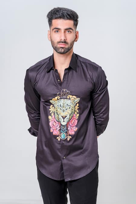 Amrit Dawani_Black Cotton King Lion Hand Painted Shirt _Online_at_Aza_Fashions