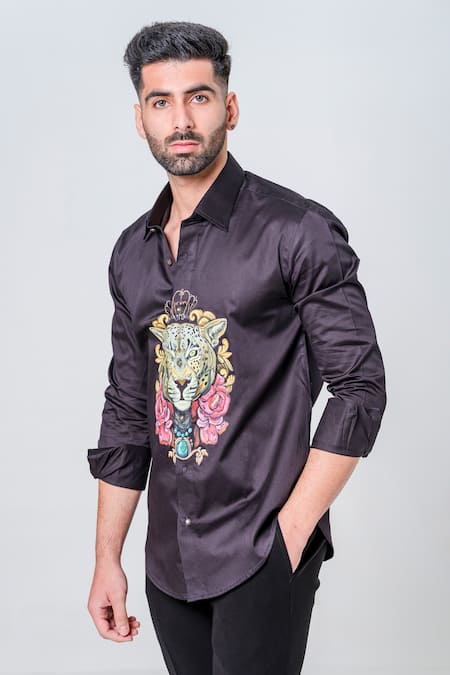 Shop_Amrit Dawani_Black Cotton King Lion Hand Painted Shirt _Online_at_Aza_Fashions