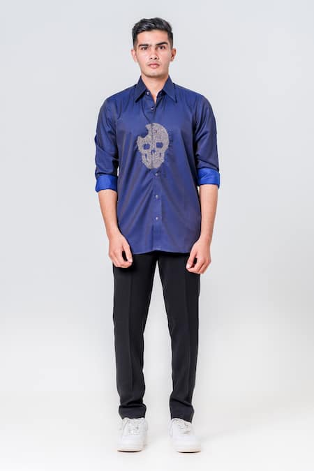 Amrit Dawani_Blue Cotton Sequins, Beads Skull Placement Embroidered Shirt _Online_at_Aza_Fashions