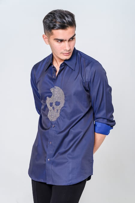 Shop_Amrit Dawani_Blue Cotton Sequins, Beads Skull Placement Embroidered Shirt _Online_at_Aza_Fashions