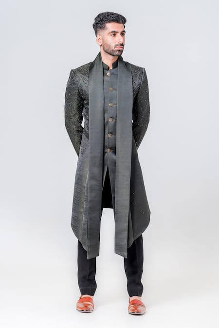 Buy_Amrit Dawani_Black Silk Beads Embellished Kurta With Trouser _Online_at_Aza_Fashions