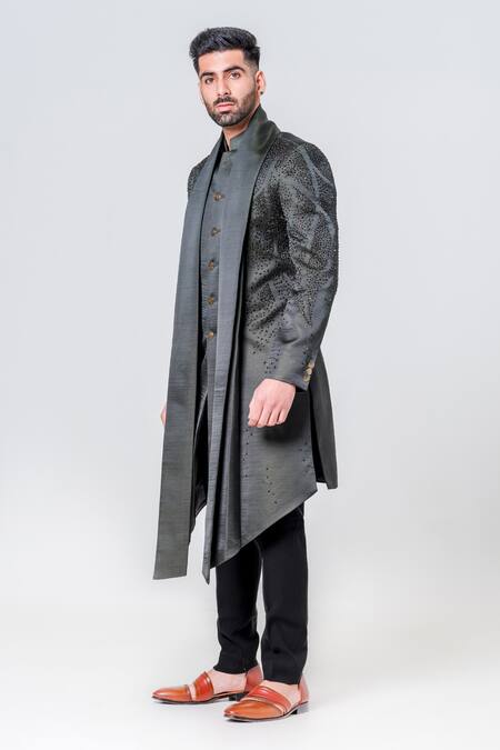 Shop_Amrit Dawani_Black Silk Beads Embellished Kurta With Trouser _Online_at_Aza_Fashions