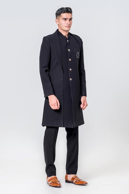 Amrit Dawani_Black Polyester Patch Pocket Embroidered Sherwani With Trouser _Online_at_Aza_Fashions