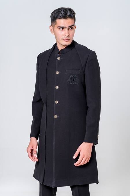 Shop_Amrit Dawani_Black Polyester Patch Pocket Embroidered Sherwani With Trouser _Online_at_Aza_Fashions