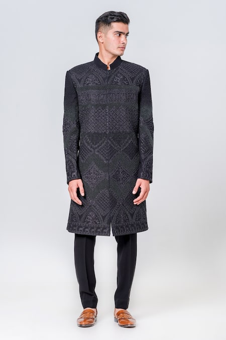 Shop_Amrit Dawani_Black Jersey, Polyester Beads, Embroidery Full Sleeve Sherwani Set _Online_at_Aza_Fashions