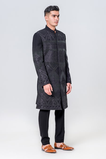 Amrit Dawani_Black Jersey, Polyester Beads, Embroidery Full Sleeve Sherwani Set _at_Aza_Fashions