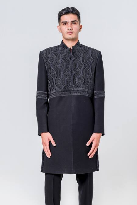 Amrit Dawani_Black Polyester Beads, Embroidery Geometric Embellished Sherwani Set _Online_at_Aza_Fashions