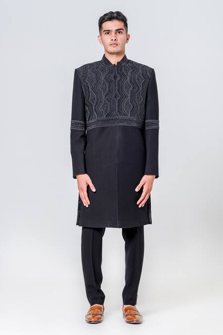 Buy_Amrit Dawani_Black Polyester Beads, Embroidery Geometric Embellished Sherwani Set _Online_at_Aza_Fashions