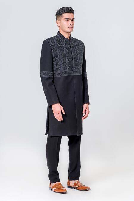 Shop_Amrit Dawani_Black Polyester Beads, Embroidery Geometric Embellished Sherwani Set _Online_at_Aza_Fashions