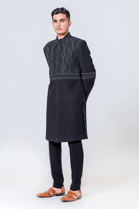 Amrit Dawani_Black Polyester Beads, Embroidery Geometric Embellished Sherwani Set _at_Aza_Fashions