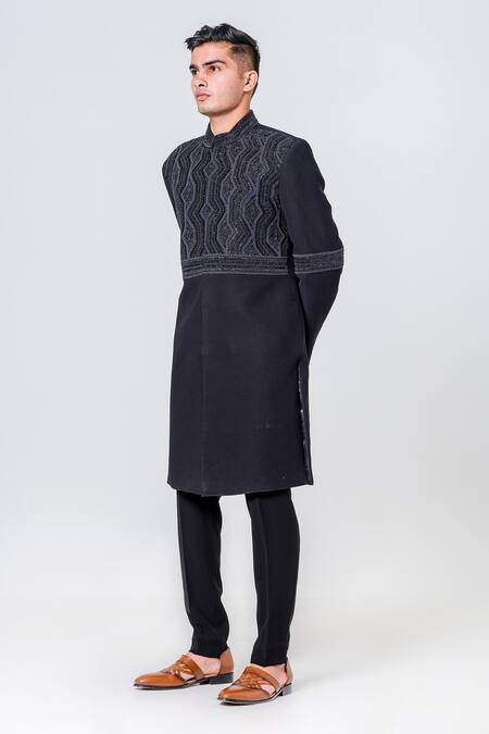 Buy_Amrit Dawani_Black Polyester Beads, Embroidery Geometric Embellished Sherwani Set 