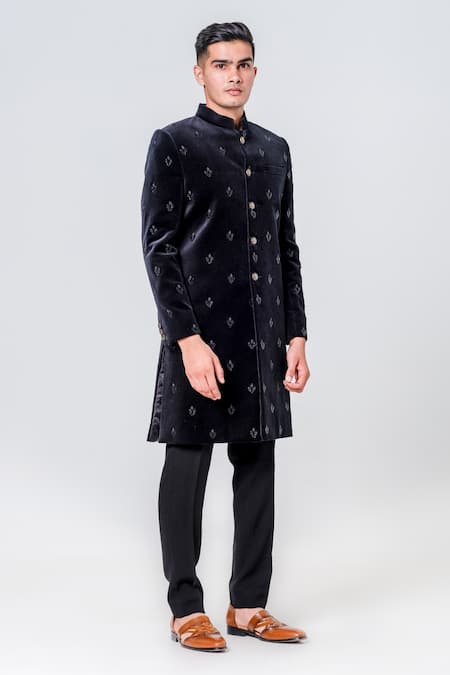 Buy_Amrit Dawani_Green Velvet Embroidery Floral Embellished Sherwani Set _Online_at_Aza_Fashions