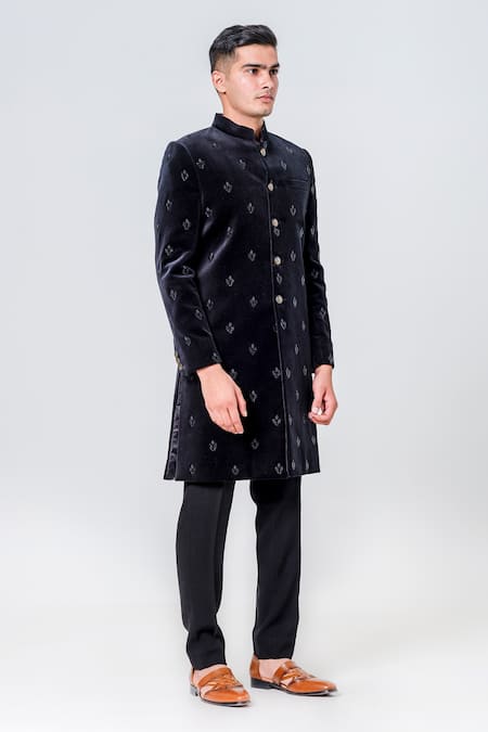 Shop_Amrit Dawani_Green Velvet Embroidery Floral Embellished Sherwani Set _Online_at_Aza_Fashions
