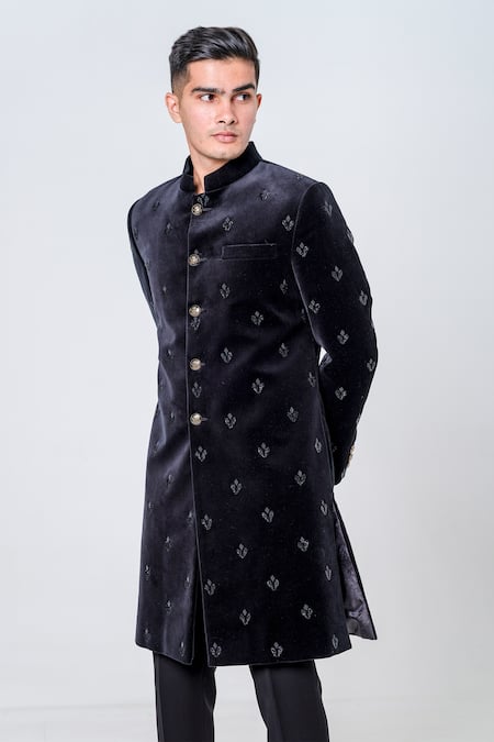 Amrit Dawani_Green Velvet Embroidery Floral Embellished Sherwani Set _at_Aza_Fashions