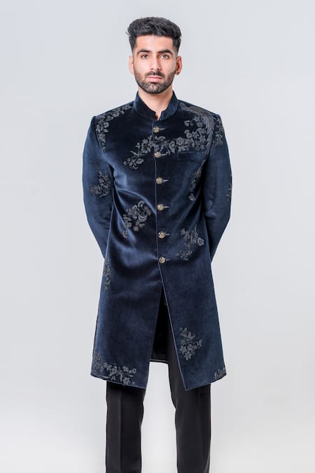 Amrit Dawani_Green Velvet, Cotton Embroidery Embellished Sherwani Set _Online_at_Aza_Fashions