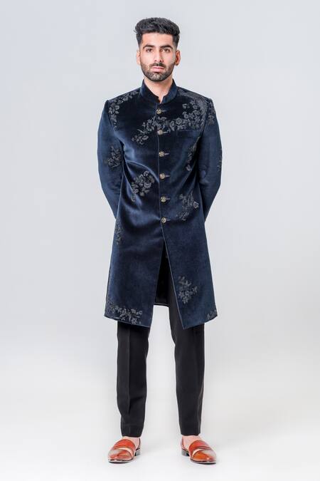 Buy_Amrit Dawani_Green Velvet, Cotton Embroidery Embellished Sherwani Set _Online_at_Aza_Fashions