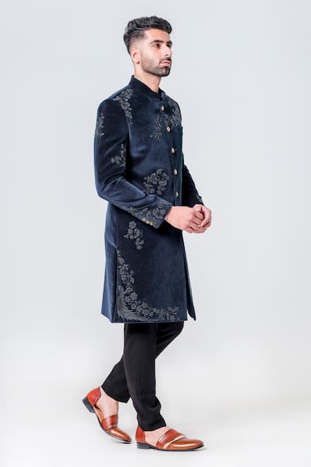 Amrit Dawani_Green Velvet, Cotton Embroidery Embellished Sherwani Set _at_Aza_Fashions