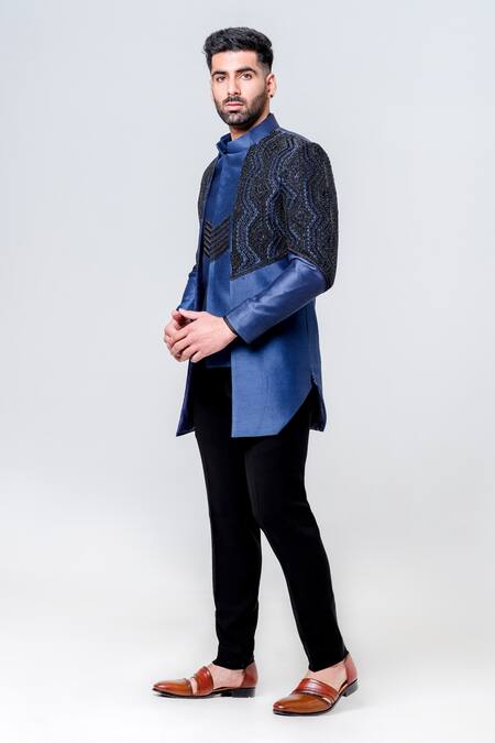 Amrit Dawani_Blue Silk, Cotton Beads Contrast Embroidered Two Layer Jacket Kurta Set _Online_at_Aza_Fashions