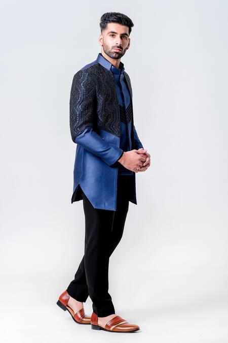 Buy_Amrit Dawani_Blue Silk, Cotton Beads Contrast Embroidered Two Layer Jacket Kurta Set _Online_at_Aza_Fashions