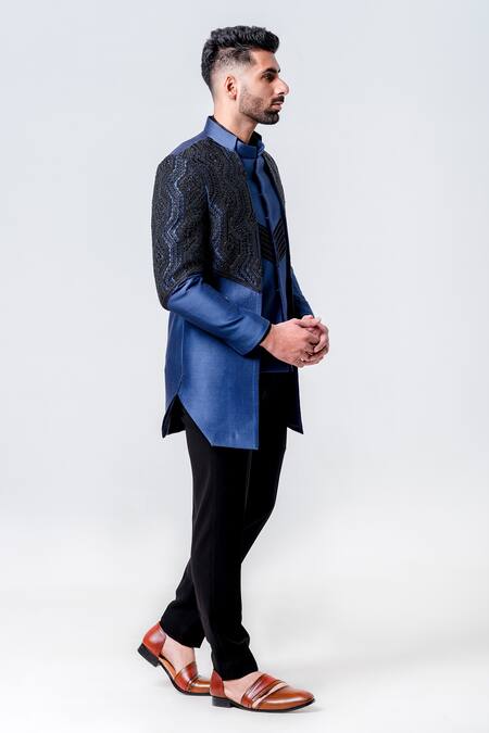 Shop_Amrit Dawani_Blue Silk, Cotton Beads Contrast Embroidered Two Layer Jacket Kurta Set _Online_at_Aza_Fashions