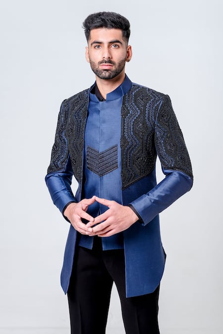 Amrit Dawani_Blue Silk, Cotton Beads Contrast Embroidered Two Layer Jacket Kurta Set _at_Aza_Fashions
